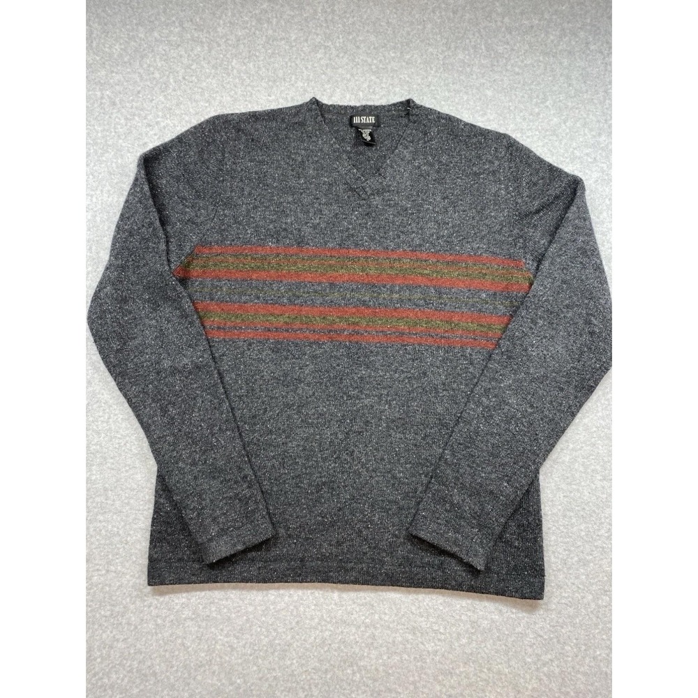 111 State Sweater Mens Medium Heather Gray V-Neck‎ Lambswool Silk Chest Stripe